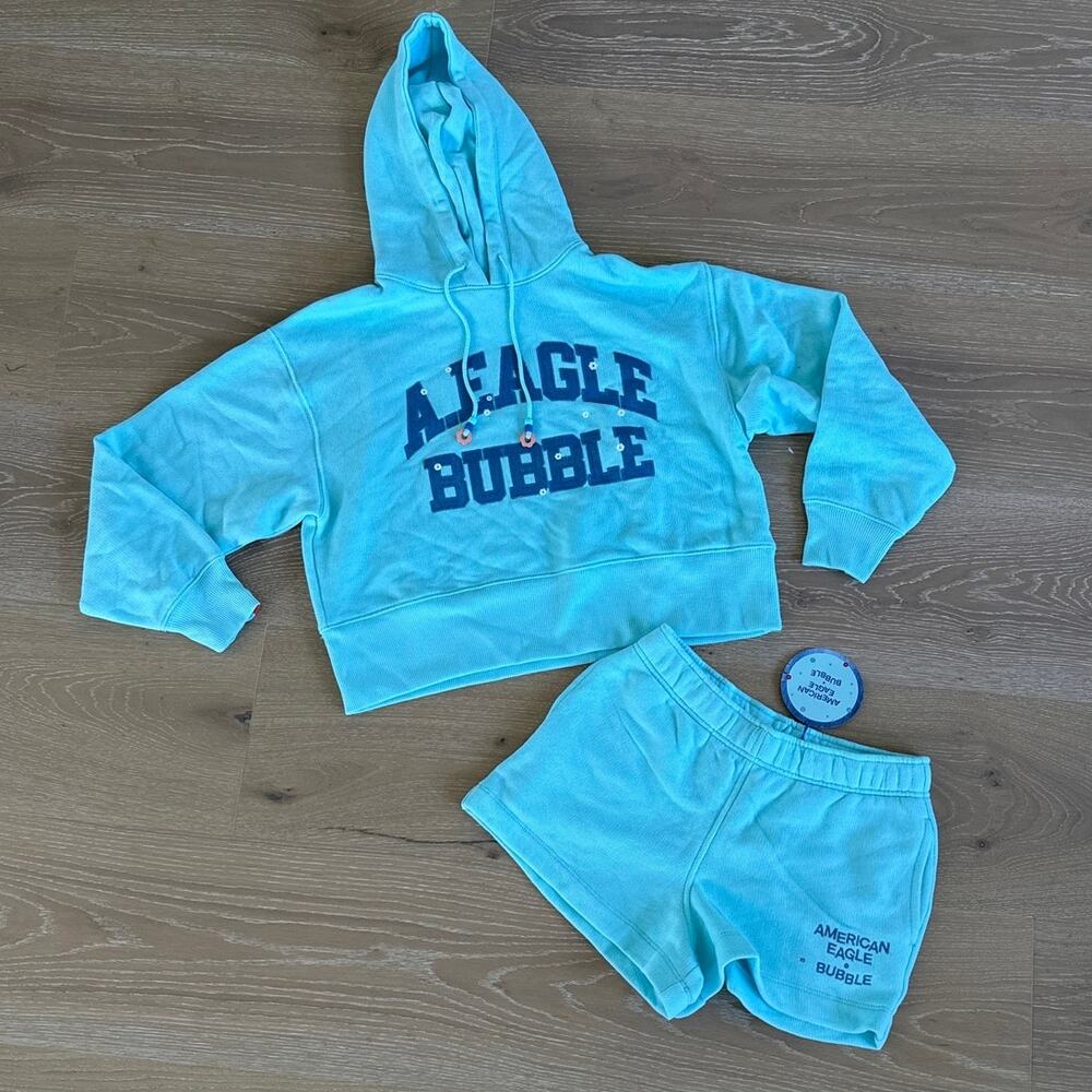 American Eagle x Bubble Fleece Hoodie & Matching Shorts Set Size XS In Blue